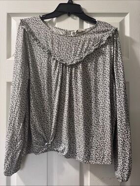 LOFT Black & White Floral Ruffle-Trim Long Sleeve Blouse